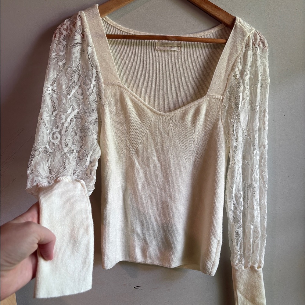 Anthropologie Ivory Lace Sleeve Sweater Blouse | S